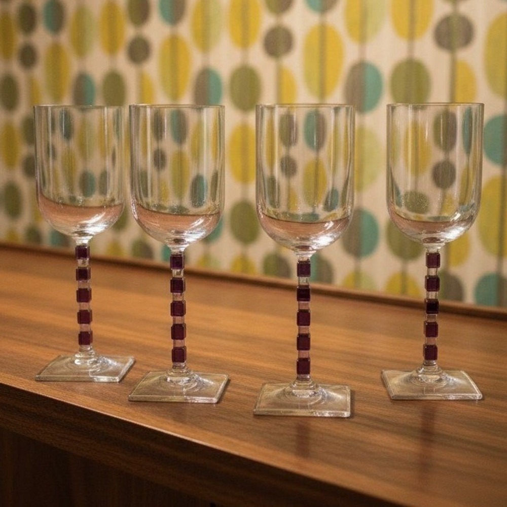 Mikasa Viewpoint Wine Glasses, Set of 4, Vtg Amethyst Purple Geometric Stemware